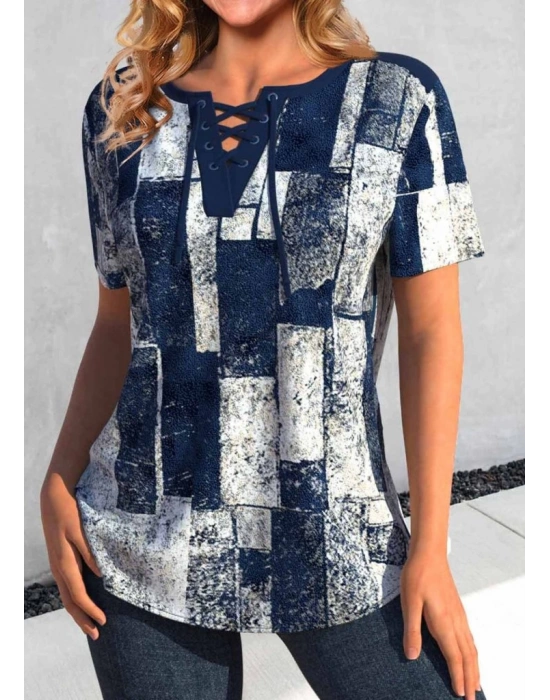 Kadın Kısa Kollu Yakası Bağcıklı Kuş Gözü Detay Süprem Bluz