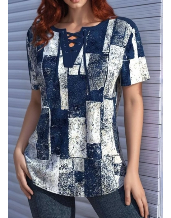 Kadın Kısa Kollu Yakası Bağcıklı Kuş Gözü Detay Süprem Bluz