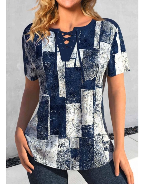 Kadın Kısa Kollu Yakası Bağcıklı Kuş Gözü Detay Süprem Bluz