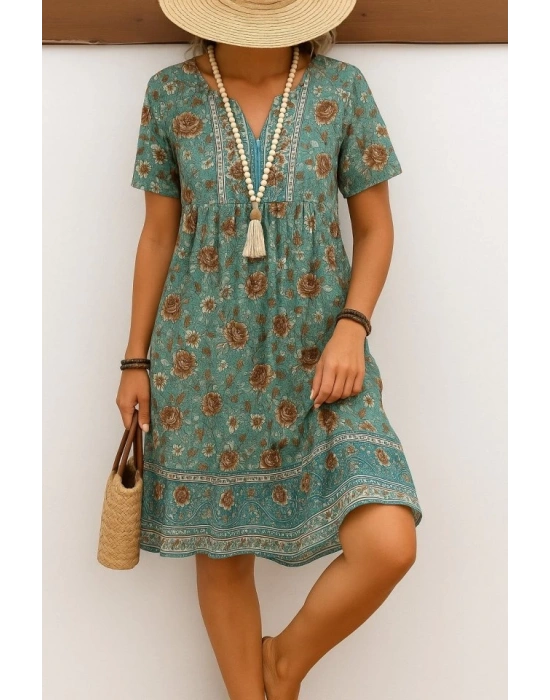 Kadın Kısa Kollu Yakası Bağcıklı önden Düğmeli Fırfır Desenli Süprem Elbise