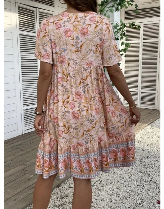 Kadın Kısa Kollu Yakası Bağcıklı önden Düğmeli Fırfır Desenli Süprem Elbise