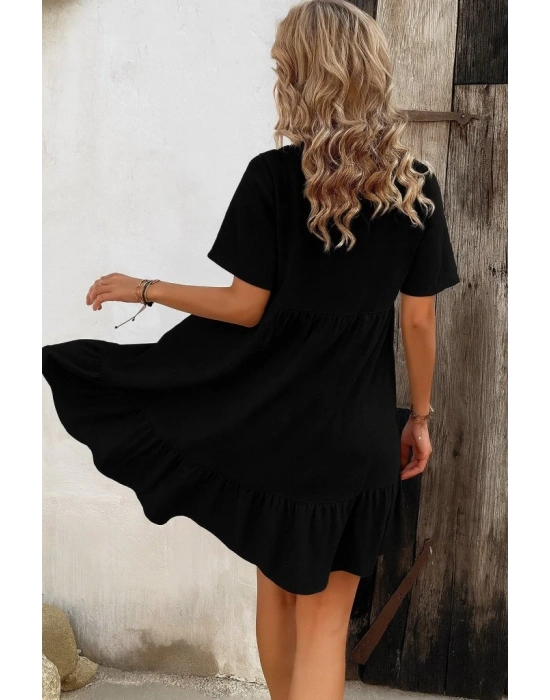 Kadın Kısa Kollu Yakası Bağcıklı önden Düğmeli Fırfır Desenli Süprem Elbise