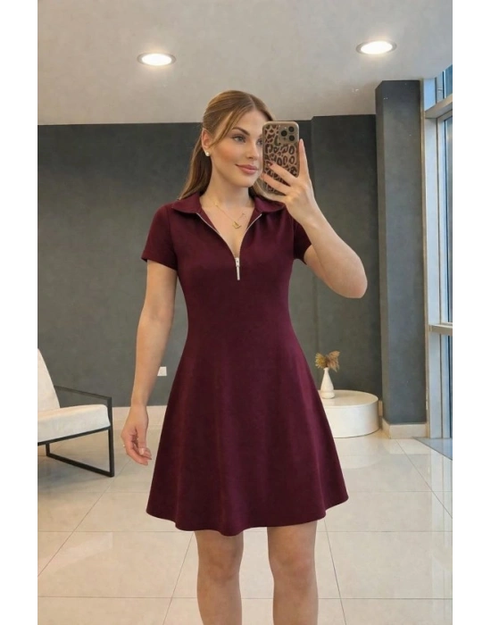 Kadın Kısa Kollu Yakası Fermuarlı Kısa Viskon Iki Iplik Elbise