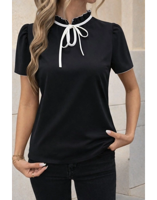 Kadın Kısa Kollu Yakası Fırfırlı Bağcıklı Janjan Krep Bluz