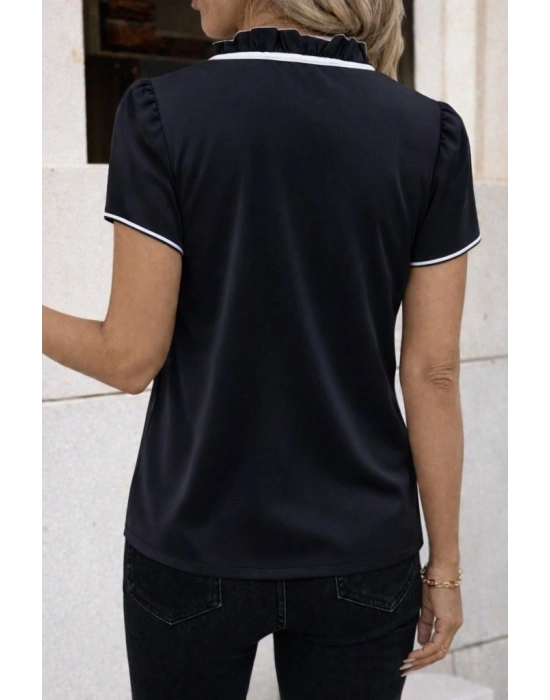 Kadın Kısa Kollu Yakası Fırfırlı Bağcıklı Janjan Krep Bluz