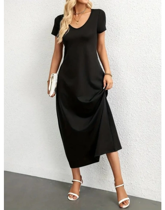 Kadın Kısa Kollu Yakası Yuvarlak Cepli Viskon Elbise