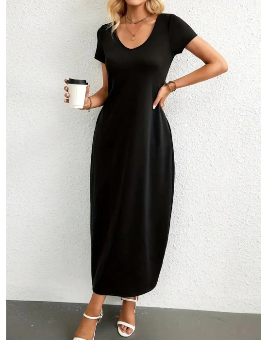 Kadın Kısa Kollu Yakası Yuvarlak Cepli Viskon Elbise