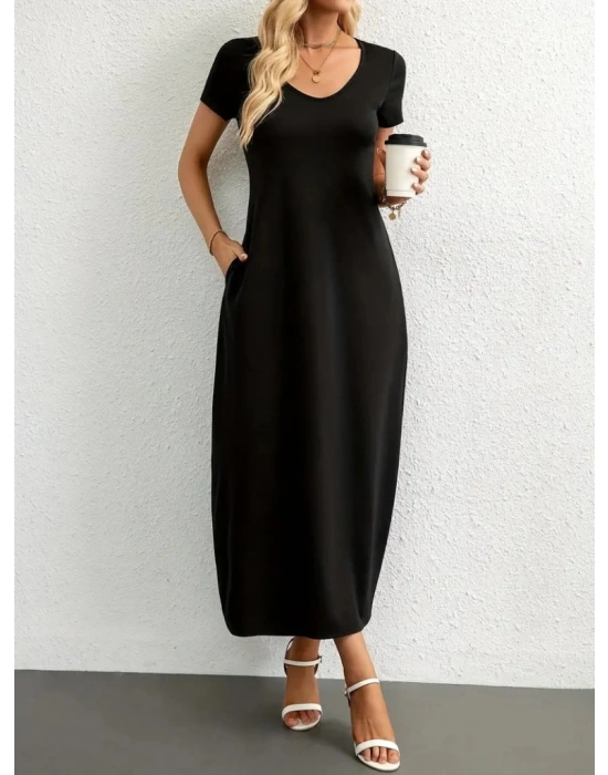 Kadın Kısa Kollu Yakası Yuvarlak Cepli Viskon Elbise