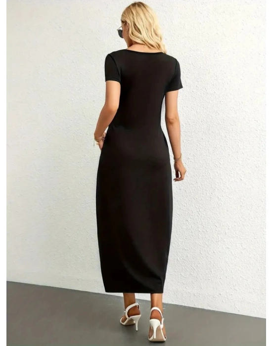 Kadın Kısa Kollu Yakası Yuvarlak Cepli Viskon Elbise