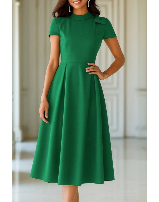 Kadın Kısa Kollu Yarı Balıkçı Yaka Pileli Janjan Krep Midi Elbise