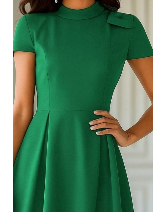 Kadın Kısa Kollu Yarı Balıkçı Yaka Pileli Janjan Krep Midi Elbise