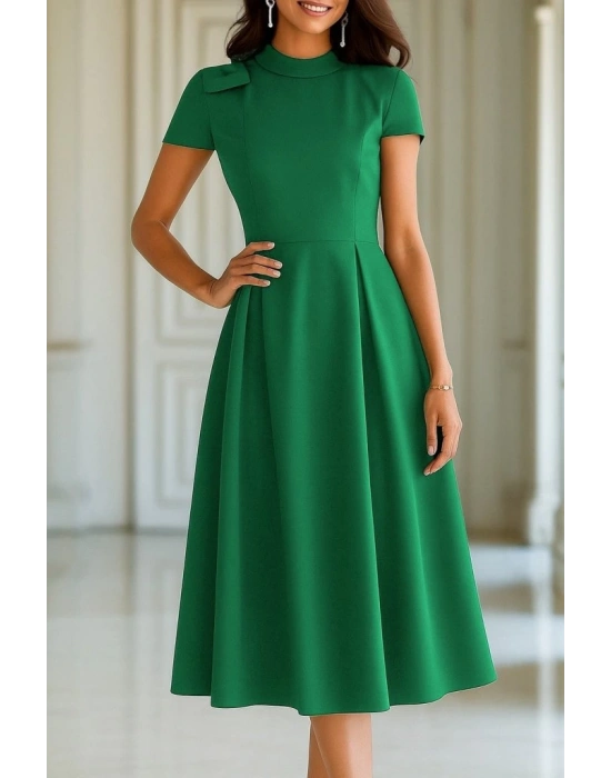 Kadın Kısa Kollu Yarı Balıkçı Yaka Pileli Janjan Krep Midi Elbise