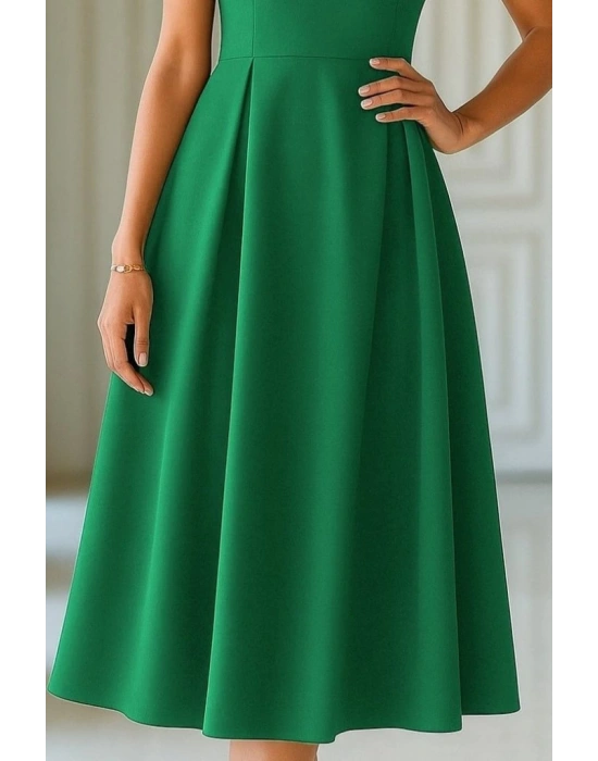 Kadın Kısa Kollu Yarı Balıkçı Yaka Pileli Janjan Krep Midi Elbise