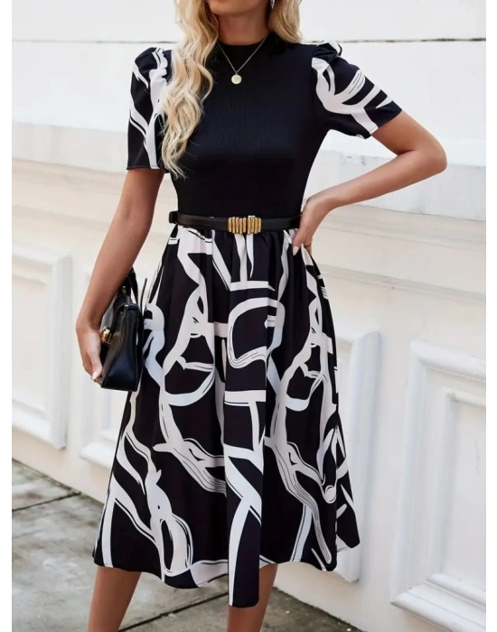 Kadın Kısa Kollu Yarı Balıkçı Yaka üst Viskon Alt Desenli Dokuma Midi Elbise