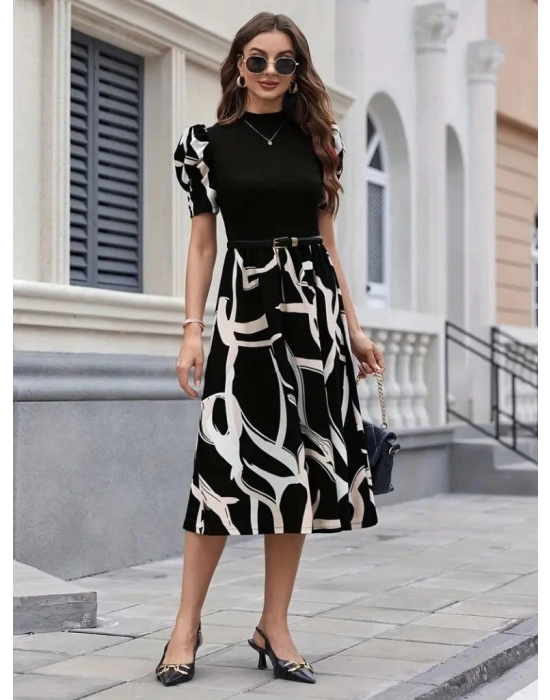 Kadın Kısa Kollu Yarı Balıkçı Yaka üst Viskon Alt Desenli Dokuma Midi Elbise