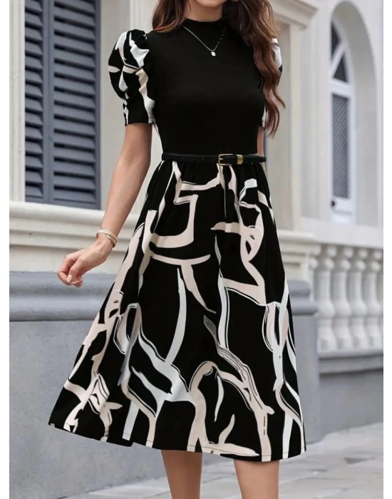 Kadın Kısa Kollu Yarı Balıkçı Yaka üst Viskon Alt Desenli Dokuma Midi Elbise