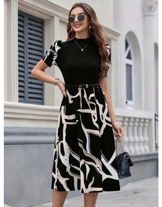 Kadın Kısa Kollu Yarı Balıkçı Yaka üst Viskon Alt Desenli Dokuma Midi Elbise