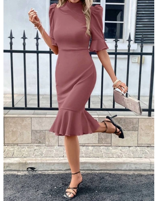 Kadın Kısa Kollu Yarı Balıkçı Yakalı Etek Ucu Fırfırlı Midi Ithal Krep Elbise