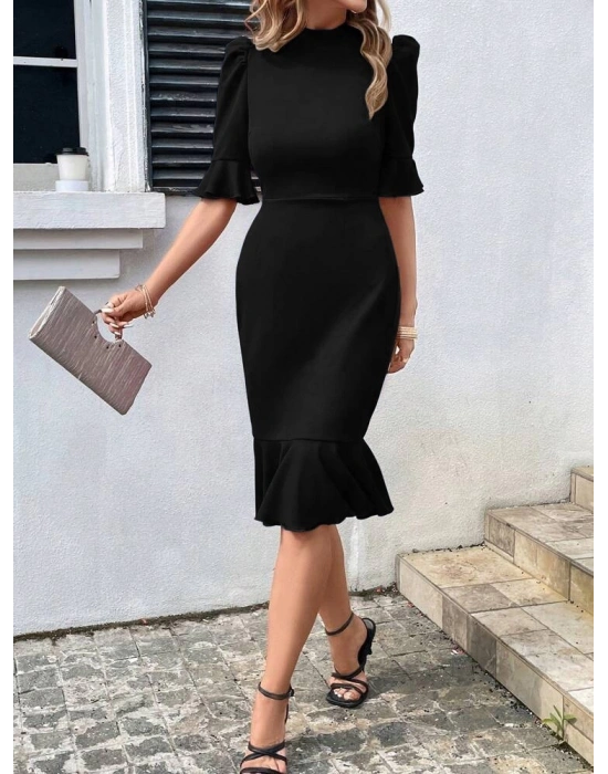Kadın Kısa Kollu Yarı Balıkçı Yakalı Etek Ucu Fırfırlı Midi Ithal Krep Elbise