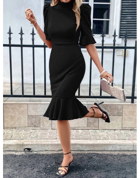Kadın Kısa Kollu Yarı Balıkçı Yakalı Etek Ucu Fırfırlı Midi Ithal Krep Elbise