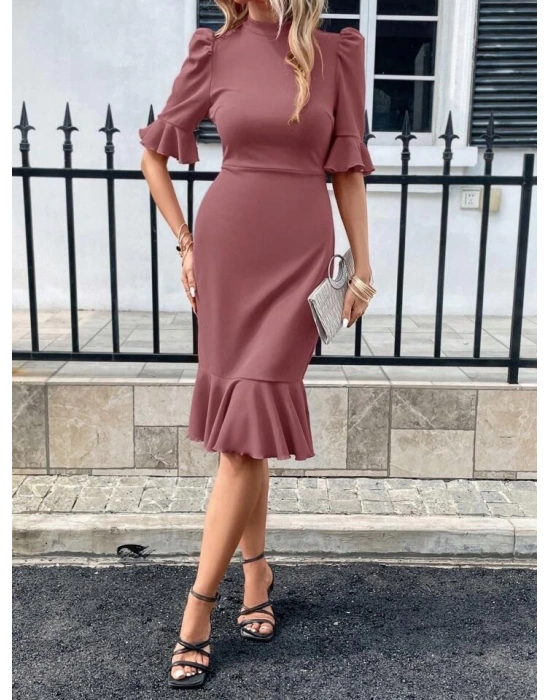 Kadın Kısa Kollu Yarı Balıkçı Yakalı Etek Ucu Fırfırlı Midi Ithal Krep Elbise