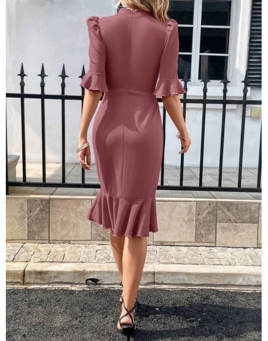 Kadın Kısa Kollu Yarı Balıkçı Yakalı Etek Ucu Fırfırlı Midi Ithal Krep Elbise