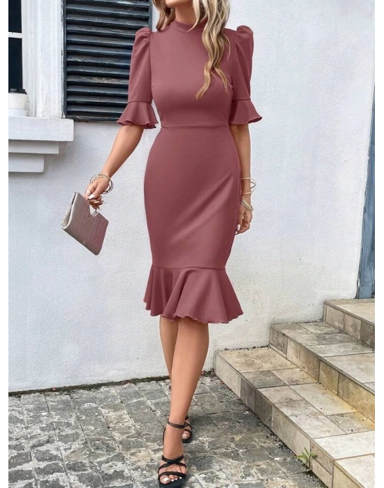 Kadın Kısa Kollu Yarı Balıkçı Yakalı Etek Ucu Fırfırlı Midi Ithal Krep Elbise