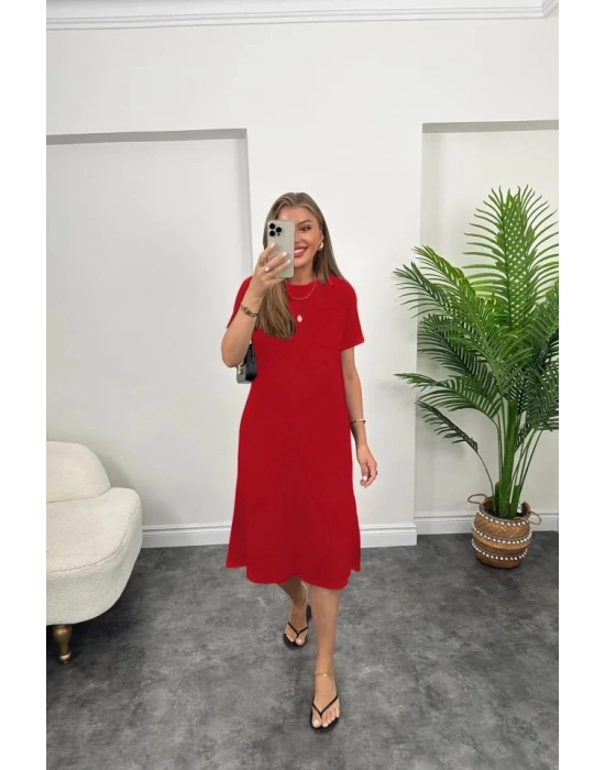 Kadın Kısa Kollu Yırtmaç Detaylı Salaş Viskon Elbise