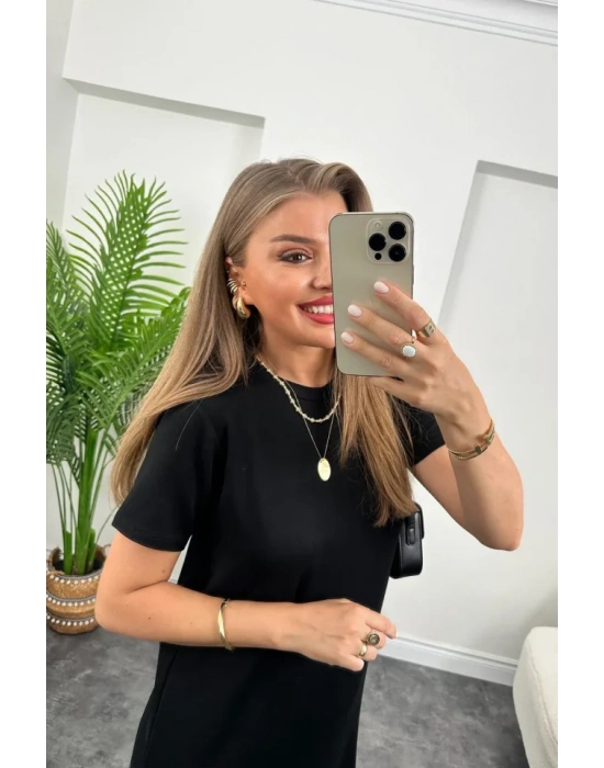 Kadın Kısa Kollu Yırtmaç Detaylı Salaş Viskon Elbise