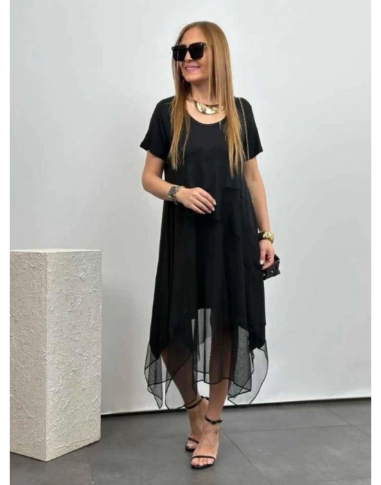 Kadın Kısa Kollu Yuvarlak Tüllü Asimetrik Detaylı Viskon Elbise