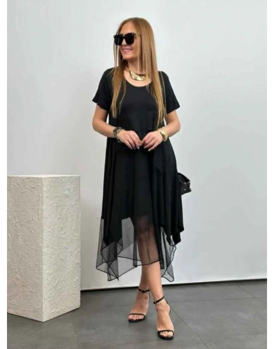 Kadın Kısa Kollu Yuvarlak Tüllü Asimetrik Detaylı Viskon Elbise