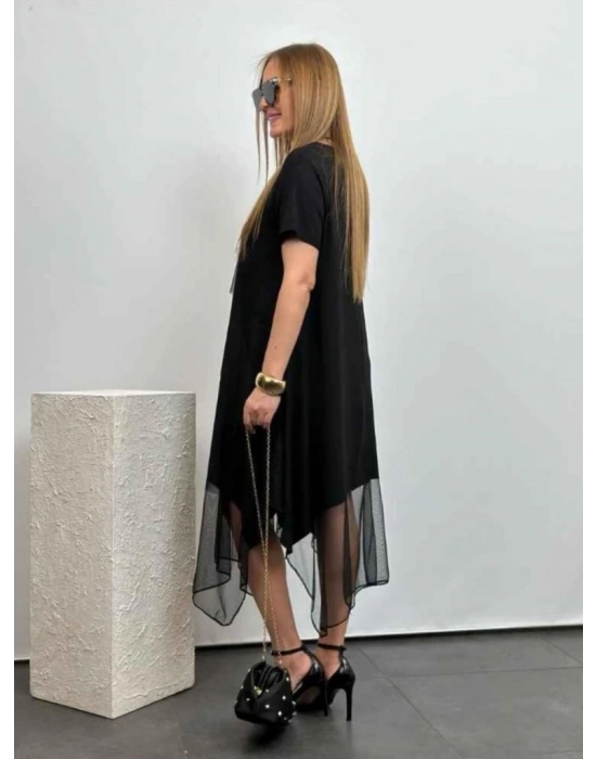 Kadın Kısa Kollu Yuvarlak Tüllü Asimetrik Detaylı Viskon Elbise