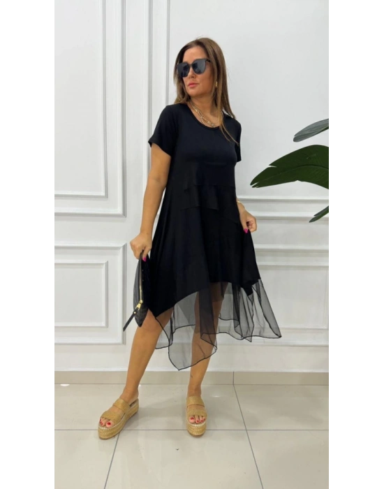 Kadın Kısa Kollu Yuvarlak Tüllü Asimetrik Detaylı Viskon Elbise