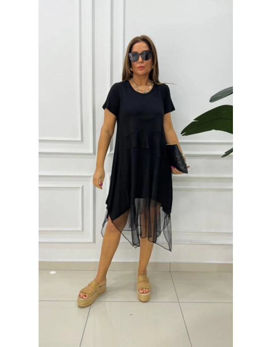 Kadın Kısa Kollu Yuvarlak Tüllü Asimetrik Detaylı Viskon Elbise