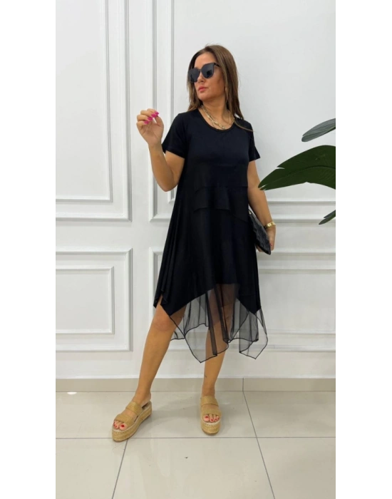 Kadın Kısa Kollu Yuvarlak Tüllü Asimetrik Detaylı Viskon Elbise