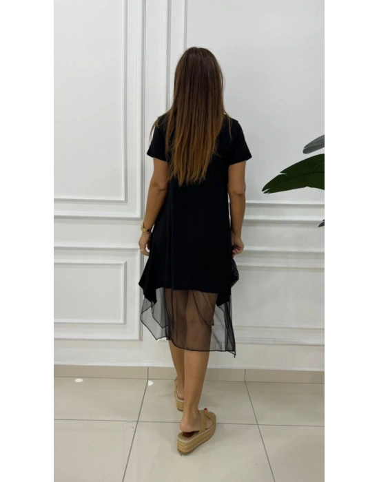 Kadın Kısa Kollu Yuvarlak Tüllü Asimetrik Detaylı Viskon Elbise