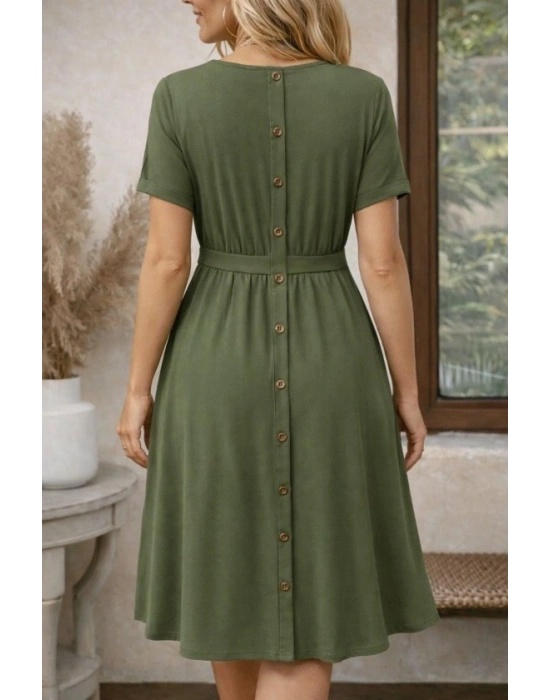 Kadın Kısa Kollu Yuvarlak Yaka Arkadan Düğmeli Viskon Midi Elbise