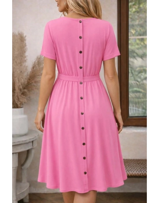 Kadın Kısa Kollu Yuvarlak Yaka Arkadan Düğmeli Viskon Midi Elbise