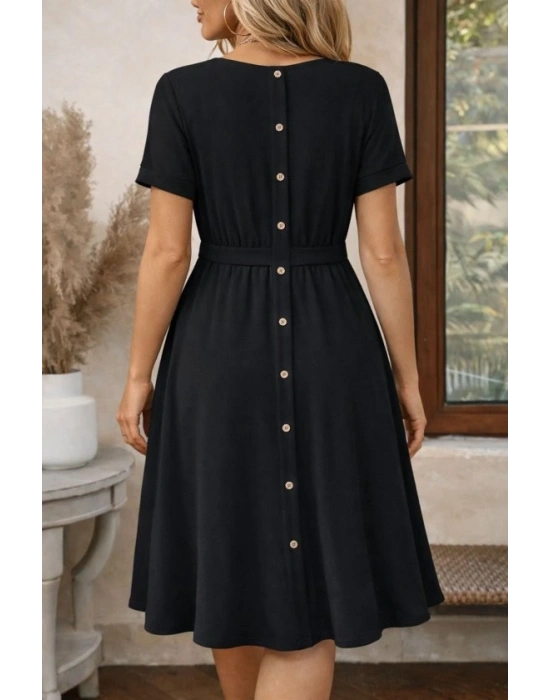 Kadın Kısa Kollu Yuvarlak Yaka Arkadan Düğmeli Viskon Midi Elbise