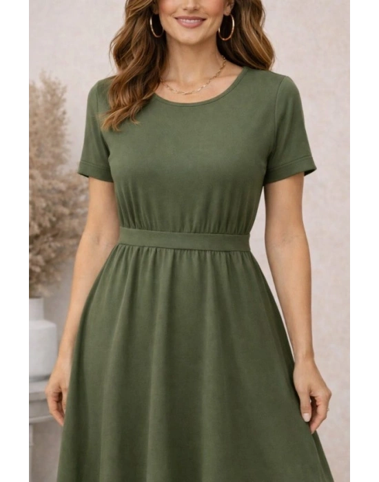 Kadın Kısa Kollu Yuvarlak Yaka Arkadan Düğmeli Viskon Midi Elbise