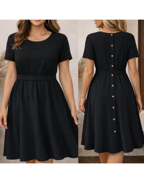 Kadın Kısa Kollu Yuvarlak Yaka Arkadan Düğmeli Viskon Midi Elbise