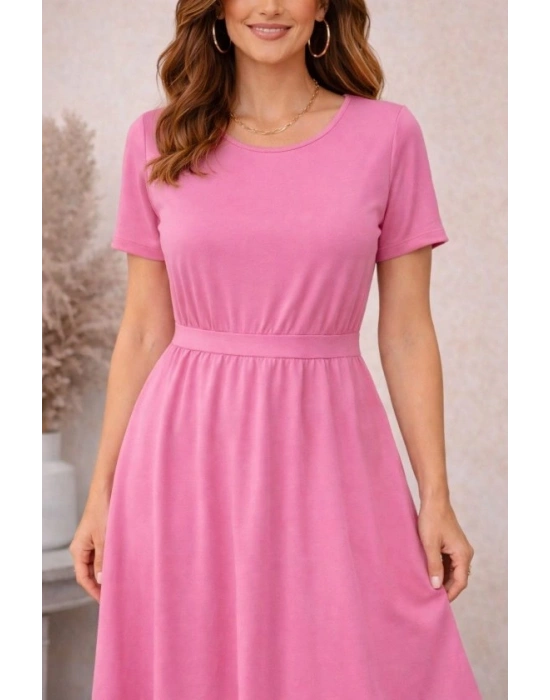 Kadın Kısa Kollu Yuvarlak Yaka Arkadan Düğmeli Viskon Midi Elbise