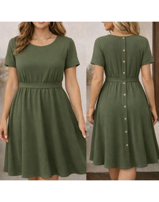 Kadın Kısa Kollu Yuvarlak Yaka Arkadan Düğmeli Viskon Midi Elbise