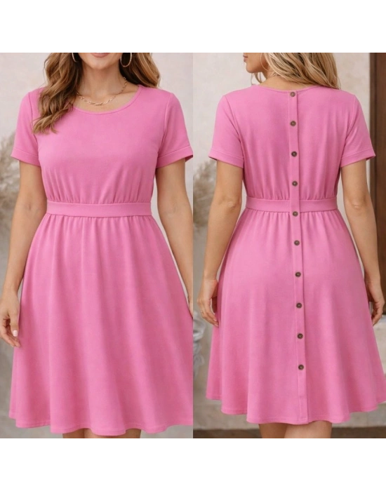 Kadın Kısa Kollu Yuvarlak Yaka Arkadan Düğmeli Viskon Midi Elbise