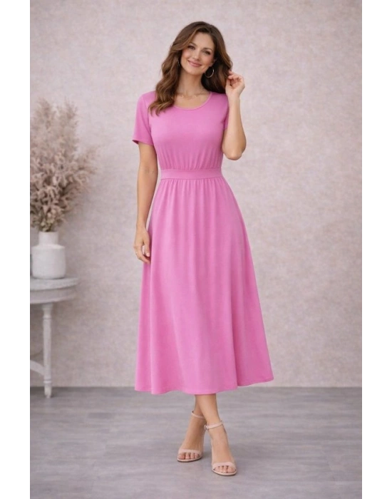 Kadın Kısa Kollu Yuvarlak Yaka Arkadan Düğmeli Viskon Midi Elbise