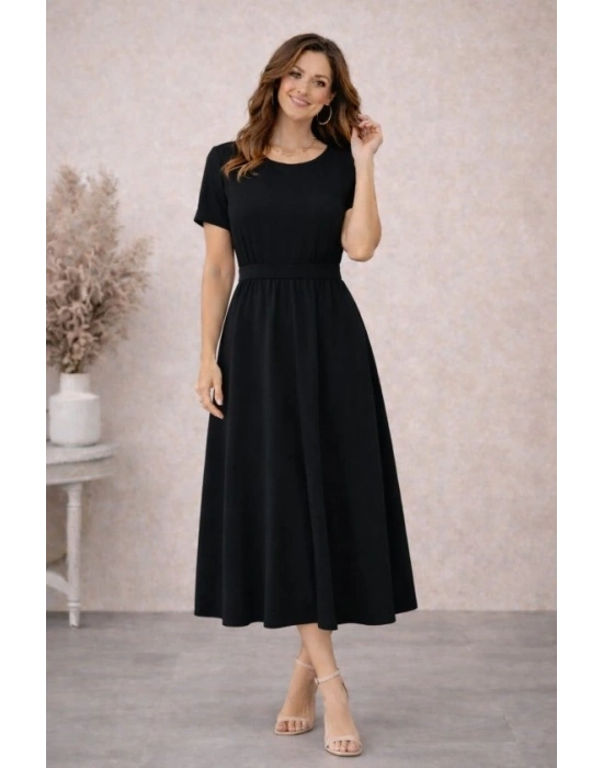 Kadın Kısa Kollu Yuvarlak Yaka Arkadan Düğmeli Viskon Midi Elbise