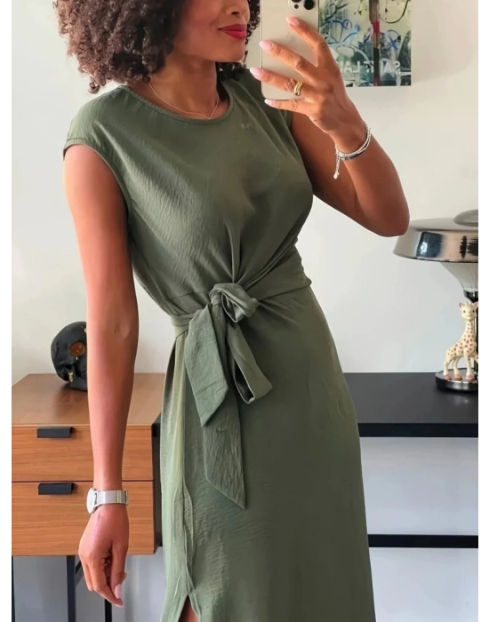 Kadın Kısa Kollu Yuvarlak Yaka Belden Bağcıklı önden Yırtmaçlı Aerobin Elbise