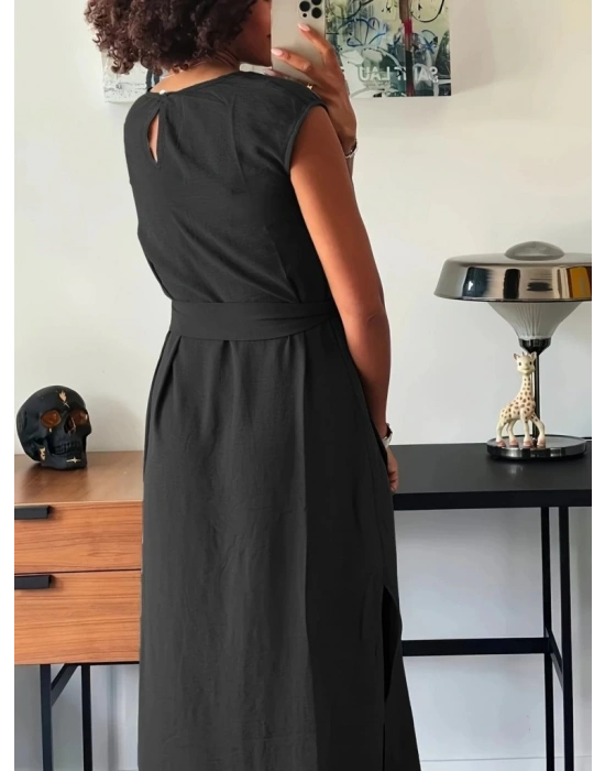 Kadın Kısa Kollu Yuvarlak Yaka Belden Bağcıklı önden Yırtmaçlı Aerobin Elbise