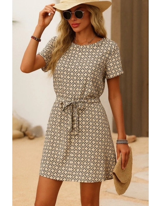 Kadın Kısa Kollu Yuvarlak Yaka Beli Kuşaklı Geometrik Desenli Süprem Elbise