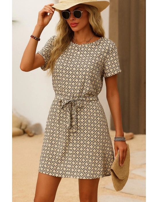 Kadın Kısa Kollu Yuvarlak Yaka Beli Kuşaklı Geometrik Desenli Süprem Elbise